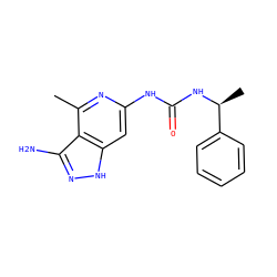 Cc1nc(NC(=O)N[C@@H](C)c2ccccc2)cc2[nH]nc(N)c12 ZINC001772575925