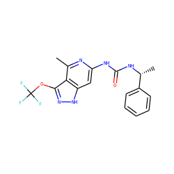 Cc1nc(NC(=O)N[C@H](C)c2ccccc2)cc2[nH]nc(OC(F)(F)F)c12 ZINC000209327950