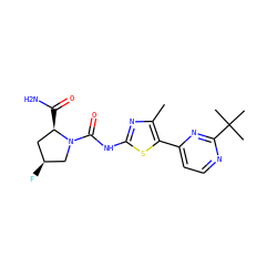 Cc1nc(NC(=O)N2C[C@@H](F)C[C@H]2C(N)=O)sc1-c1ccnc(C(C)(C)C)n1 ZINC000143469526
