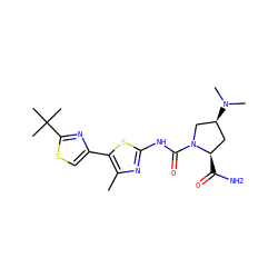 Cc1nc(NC(=O)N2C[C@@H](N(C)C)C[C@H]2C(N)=O)sc1-c1csc(C(C)(C)C)n1 ZINC000140016919