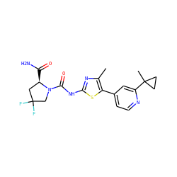 Cc1nc(NC(=O)N2CC(F)(F)C[C@H]2C(N)=O)sc1-c1ccnc(C2(C)CC2)c1 ZINC000098194443