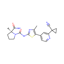 Cc1nc(NC(=O)N2CCC[C@@]2(C)C(N)=O)sc1-c1ccnc(C2(C#N)CC2)c1 ZINC000098194688