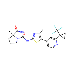 Cc1nc(NC(=O)N2CCC[C@@]2(C)C(N)=O)sc1-c1ccnc(C2(C(F)(F)F)CC2)c1 ZINC000098195223