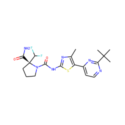 Cc1nc(NC(=O)N2CCC[C@]2(C(N)=O)C(F)F)sc1-c1ccnc(C(C)(C)C)n1 ZINC000143700181