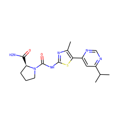 Cc1nc(NC(=O)N2CCC[C@H]2C(N)=O)sc1-c1cc(C(C)C)ncn1 ZINC000096272375