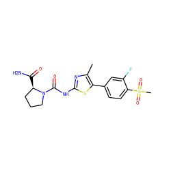 Cc1nc(NC(=O)N2CCC[C@H]2C(N)=O)sc1-c1ccc(S(C)(=O)=O)c(F)c1 ZINC000084668166