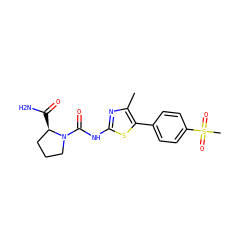 Cc1nc(NC(=O)N2CCC[C@H]2C(N)=O)sc1-c1ccc(S(C)(=O)=O)cc1 ZINC000084689703