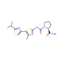 Cc1nc(NC(=O)N2CCC[C@H]2C(N)=O)sc1-c1csc(C(C)C)n1 ZINC000140044846