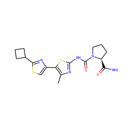 Cc1nc(NC(=O)N2CCC[C@H]2C(N)=O)sc1-c1csc(C2CCC2)n1 ZINC000140017399