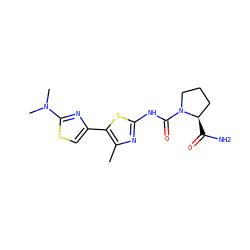 Cc1nc(NC(=O)N2CCC[C@H]2C(N)=O)sc1-c1csc(N(C)C)n1 ZINC000140008385