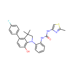 Cc1nc(NC(=O)Nc2ccccc2N2CC(C)(C)c3c(-c4ccc(F)cc4)ccc(O)c32)cs1 ZINC000299832454