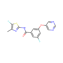 Cc1nc(NC(=O)c2cc(F)cc(Oc3cncnc3)c2)sc1F ZINC000096939178