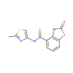 Cc1nc(NC(=O)c2cccc3oc(=O)[nH]c23)cs1 ZINC000028881336
