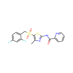 Cc1nc(NC(=O)c2ccccn2)sc1S(=O)(=O)Cc1ccc(F)cc1F ZINC000198915591