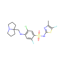 Cc1nc(NS(=O)(=O)c2cc(Cl)c(NCC34CCCN3CCC4)cc2F)sc1F ZINC001772607479