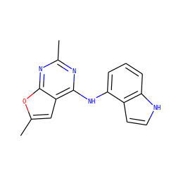 Cc1nc(Nc2cccc3[nH]ccc23)c2cc(C)oc2n1 ZINC000169326741