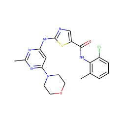 Cc1nc(Nc2ncc(C(=O)Nc3c(C)cccc3Cl)s2)cc(N2CCOCC2)n1 ZINC000014952212