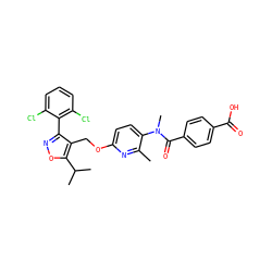 Cc1nc(OCc2c(-c3c(Cl)cccc3Cl)noc2C(C)C)ccc1N(C)C(=O)c1ccc(C(=O)O)cc1 ZINC000058534789