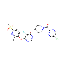 Cc1nc(S(C)(=O)=O)ccc1Oc1ncnc(OC2CCN(C(=O)c3ncc(Cl)cn3)CC2)c1F ZINC000299825296