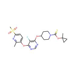 Cc1nc(S(C)(=O)=O)ccc1Oc1ncnc(OC2CCN(C(=S)OC3(C)CC3)CC2)c1F ZINC000299829495