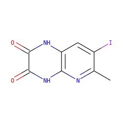 Cc1nc2[nH]c(=O)c(=O)[nH]c2cc1I ZINC000026660861