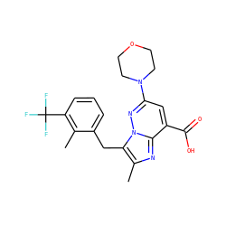 Cc1nc2c(C(=O)O)cc(N3CCOCC3)nn2c1Cc1cccc(C(F)(F)F)c1C ZINC001772608968