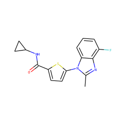 Cc1nc2c(F)cccc2n1-c1ccc(C(=O)NC2CC2)s1 ZINC000084602901