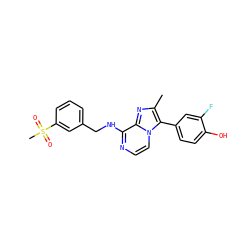 Cc1nc2c(NCc3cccc(S(C)(=O)=O)c3)nccn2c1-c1ccc(O)c(F)c1 ZINC000096917507