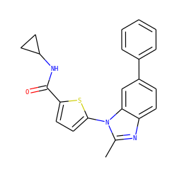 Cc1nc2ccc(-c3ccccc3)cc2n1-c1ccc(C(=O)NC2CC2)s1 ZINC000169701632