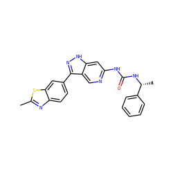 Cc1nc2ccc(-c3n[nH]c4cc(NC(=O)N[C@H](C)c5ccccc5)ncc34)cc2s1 ZINC000205432394