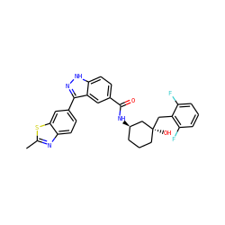 Cc1nc2ccc(-c3n[nH]c4ccc(C(=O)N[C@@H]5CCC[C@](O)(Cc6c(F)cccc6F)C5)cc34)cc2s1 ZINC000200793421