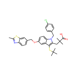 Cc1nc2ccc(COc3ccc4c(c3)c(SC(C)(C)C)c(CC(C)(C)C(=O)O)n4Cc3ccc(Cl)cc3)cc2s1 ZINC000026478560