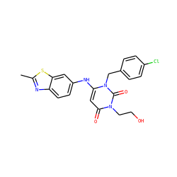 Cc1nc2ccc(Nc3cc(=O)n(CCO)c(=O)n3Cc3ccc(Cl)cc3)cc2s1 ZINC000204092821