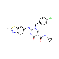 Cc1nc2ccc(Nc3nc(=O)c(C(=O)NC4CC4)cn3Cc3ccc(Cl)cc3)cc2s1 ZINC000204092671