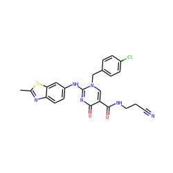 Cc1nc2ccc(Nc3nc(=O)c(C(=O)NCCC#N)cn3Cc3ccc(Cl)cc3)cc2s1 ZINC000219547914