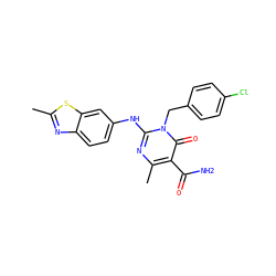 Cc1nc2ccc(Nc3nc(C)c(C(N)=O)c(=O)n3Cc3ccc(Cl)cc3)cc2s1 ZINC000219549756