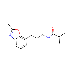 Cc1nc2cccc(CCCNC(=O)C(C)C)c2o1 ZINC000027299428
