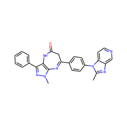 Cc1nc2cnccc2n1-c1ccc(C2=Nc3c(c(-c4ccccc4)nn3C)NC(=O)C2)cc1 ZINC000013743174