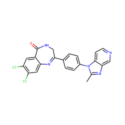 Cc1nc2cnccc2n1-c1ccc(C2=Nc3cc(Cl)c(Cl)cc3C(=O)NC2)cc1 ZINC000000604352