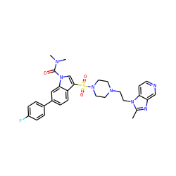 Cc1nc2cnccc2n1CCN1CCN(S(=O)(=O)c2cn(C(=O)N(C)C)c3cc(-c4ccc(F)cc4)ccc23)CC1 ZINC000028018598