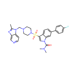 Cc1nc2cnccc2n1CN1CCN(S(=O)(=O)c2cn(C(=O)N(C)C)c3cc(-c4ccc(F)cc4)ccc23)CC1 ZINC000028092120
