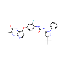Cc1nc2nccc(Oc3ccc(NC(=O)Nc4cc(C(C)(C)C)nn4-c4ccccc4)c(F)c3)c2[nH]c1=O ZINC000058541152