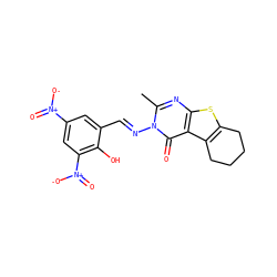 Cc1nc2sc3c(c2c(=O)n1/N=C/c1cc([N+](=O)[O-])cc([N+](=O)[O-])c1O)CCCC3 ZINC000038175418