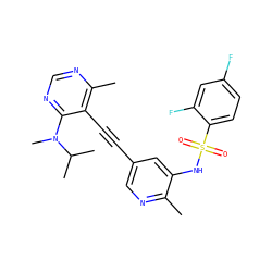 Cc1ncc(C#Cc2c(C)ncnc2N(C)C(C)C)cc1NS(=O)(=O)c1ccc(F)cc1F ZINC000169697486