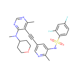 Cc1ncc(C#Cc2c(C)ncnc2N(C)C2CCOCC2)cc1NS(=O)(=O)c1ccc(F)cc1F ZINC000169697487
