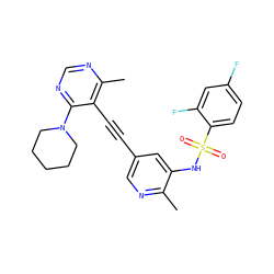 Cc1ncc(C#Cc2c(C)ncnc2N2CCCCC2)cc1NS(=O)(=O)c1ccc(F)cc1F ZINC000169697485