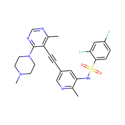 Cc1ncc(C#Cc2c(C)ncnc2N2CCN(C)CC2)cc1NS(=O)(=O)c1ccc(F)cc1F ZINC000169697488