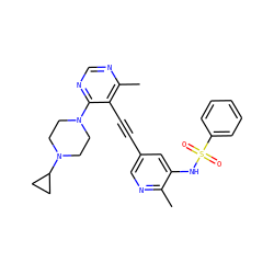 Cc1ncc(C#Cc2c(C)ncnc2N2CCN(C3CC3)CC2)cc1NS(=O)(=O)c1ccccc1 ZINC000149133834