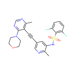 Cc1ncc(C#Cc2c(C)ncnc2N2CCOCC2)cc1NS(=O)(=O)c1c(F)cccc1F ZINC000169697481