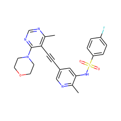 Cc1ncc(C#Cc2c(C)ncnc2N2CCOCC2)cc1NS(=O)(=O)c1ccc(F)cc1 ZINC000169697497